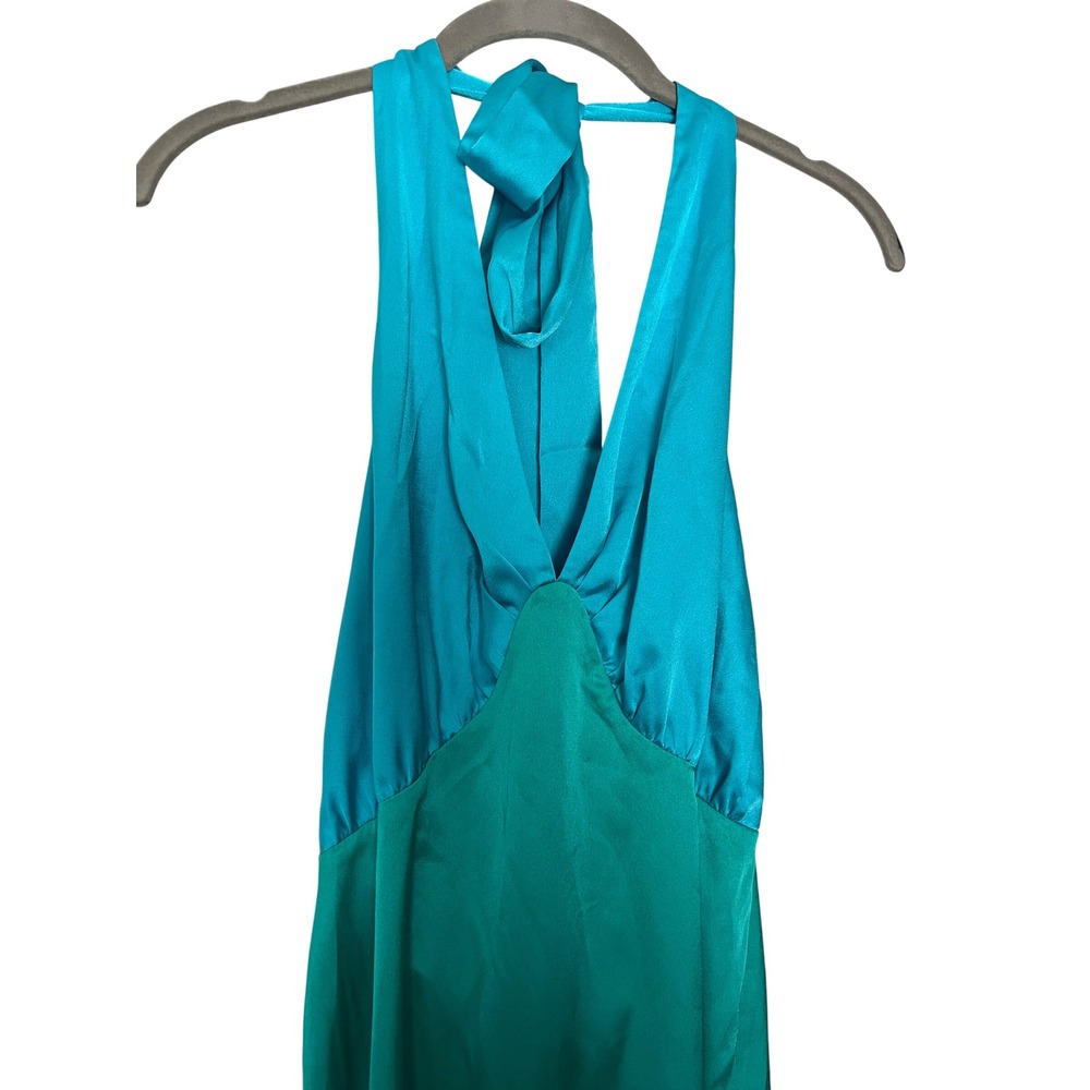 The Wolf Gang Oahu Satin Slip Dress Size Medium Halter Plunge Blue Green Maxi - Picture 11 of 11